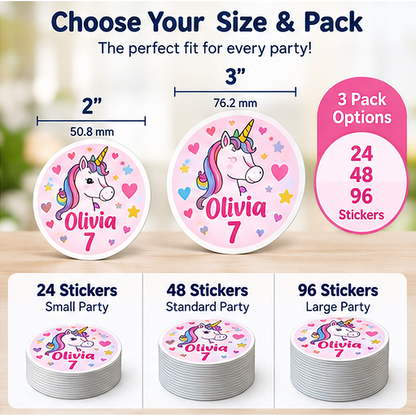 Two inch and three inch round personalized party stickers with 24, 48 and 96 sticker pack options