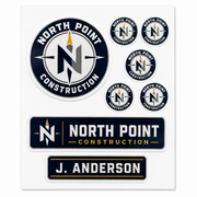 Hard hat logo sticker sheet with name label and badge sizes