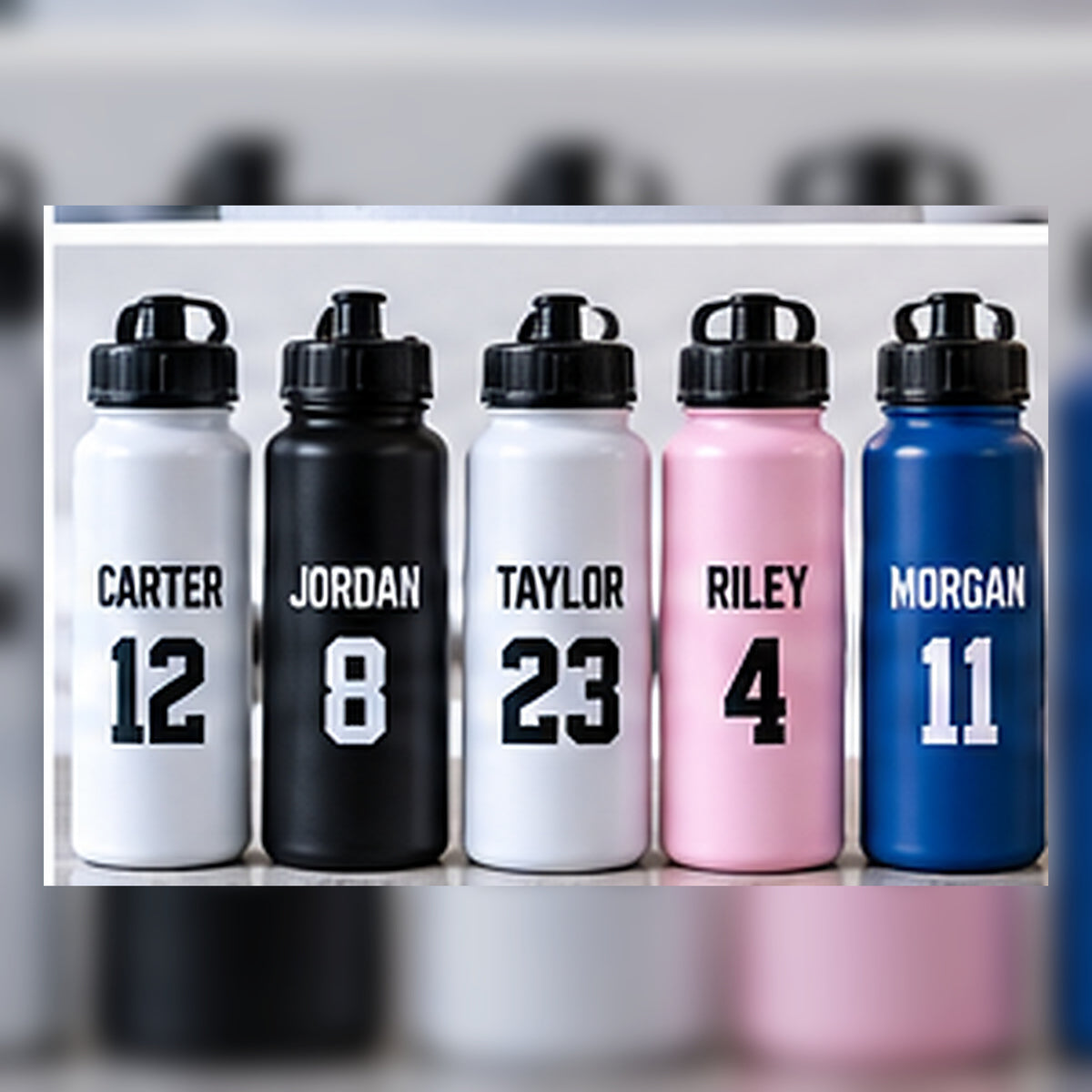 Examples of team bottle name and number personalization.