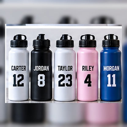 Examples of team bottle name and number personalization.
