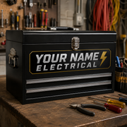 Electrical style custom toolbox name decal on workbench