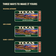 Texas Traveller Gear Tag regional wording, name and contact options