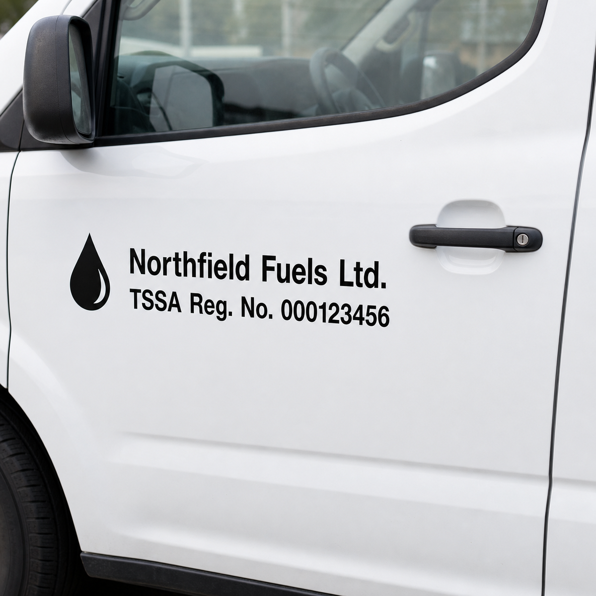 Close view of fictional fuels-contractor name and registration-number lettering on a white service-vehicle door.