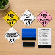 Baby on Board vinyl decal options in yellow, white, pink and custom text styles with squeegee and application instructions.