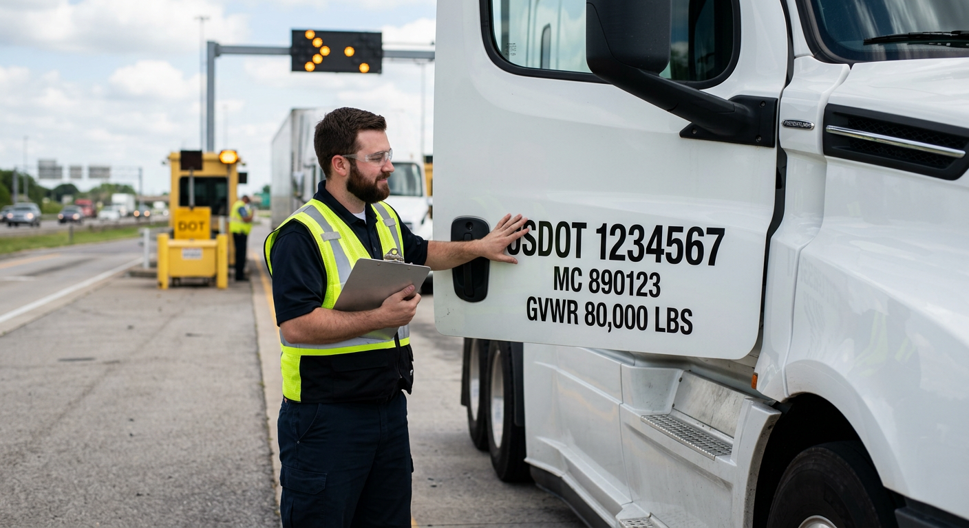 DOT officer inspecting USDOT door lettering at highway weigh station