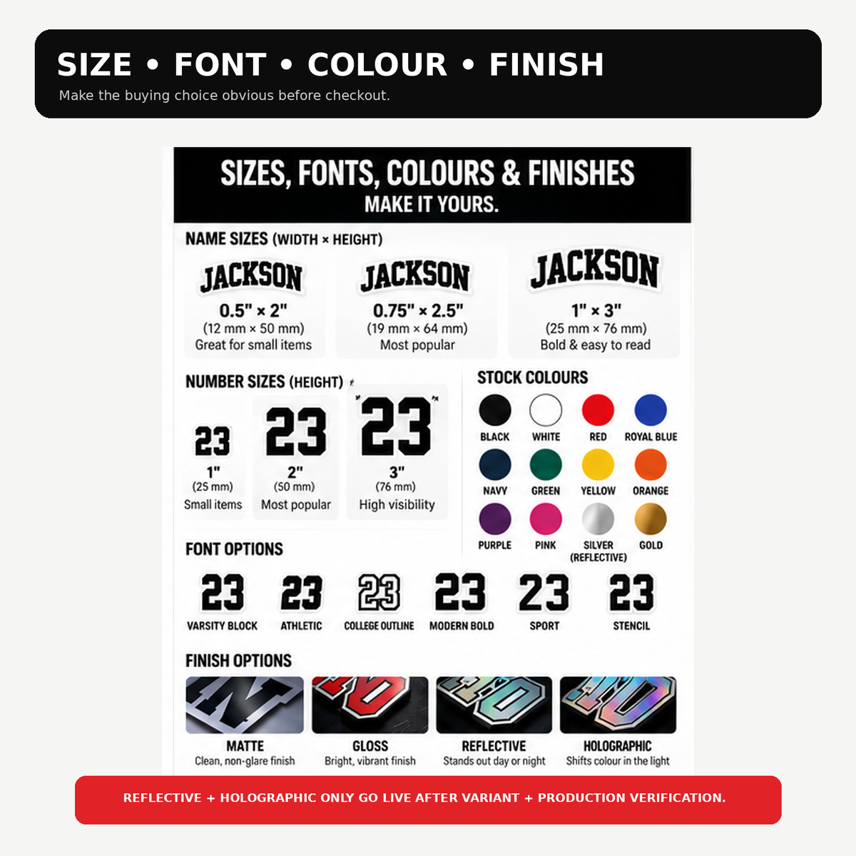 Baseball and softball sticker size sets, athletic fonts, stock colours and matte, gloss, reflective or holographic finishes.