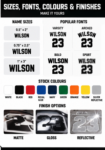 Basketball player sticker size, athletic font, colour and finish options including matte, gloss and reflective concepts.