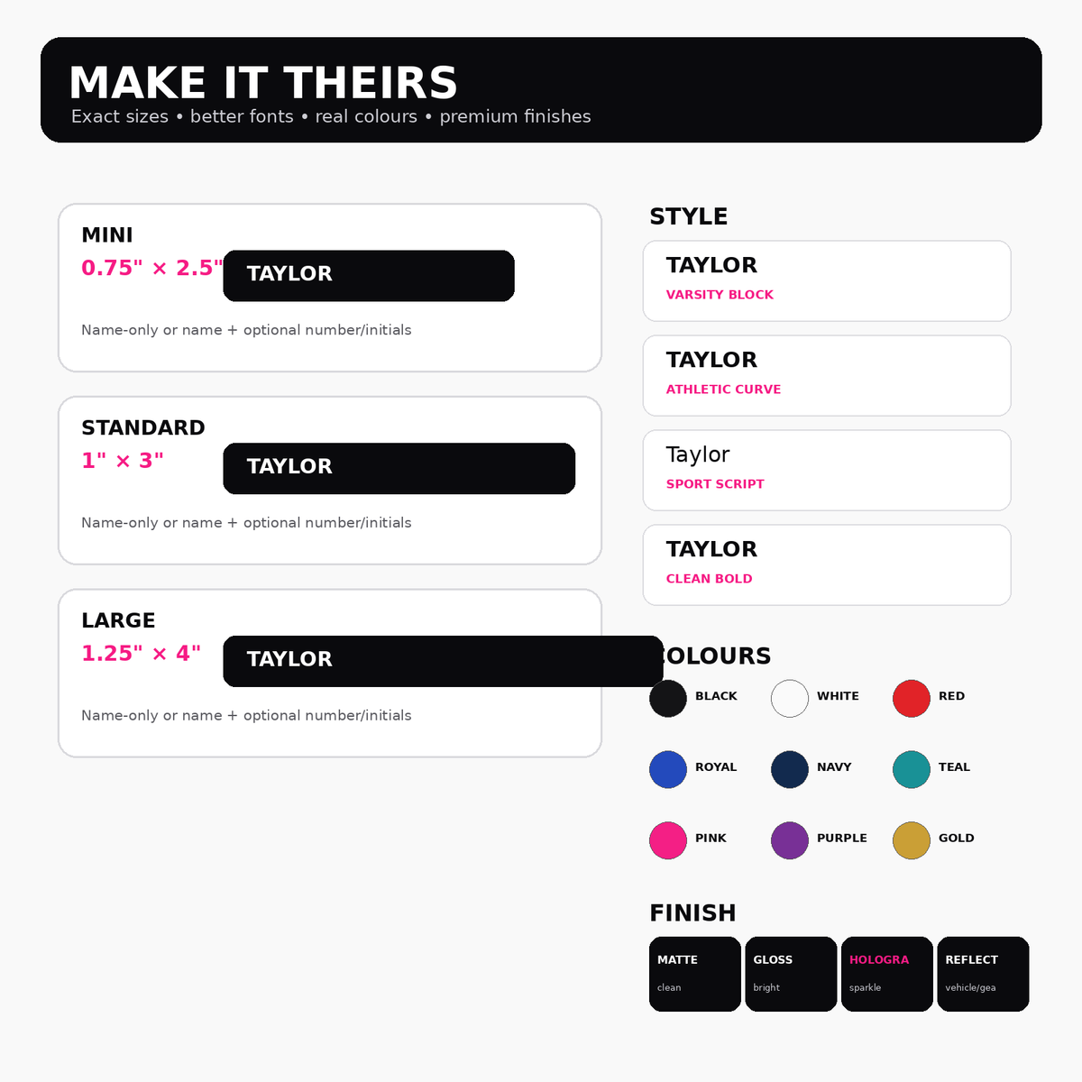 Cheer and dance name sticker exact sizes, athletic and script font styles, colours and matte, gloss, holographic or reflective finishes.