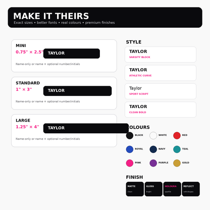 Cheer and dance name sticker exact sizes, athletic and script font styles, colours and matte, gloss, holographic or reflective finishes.