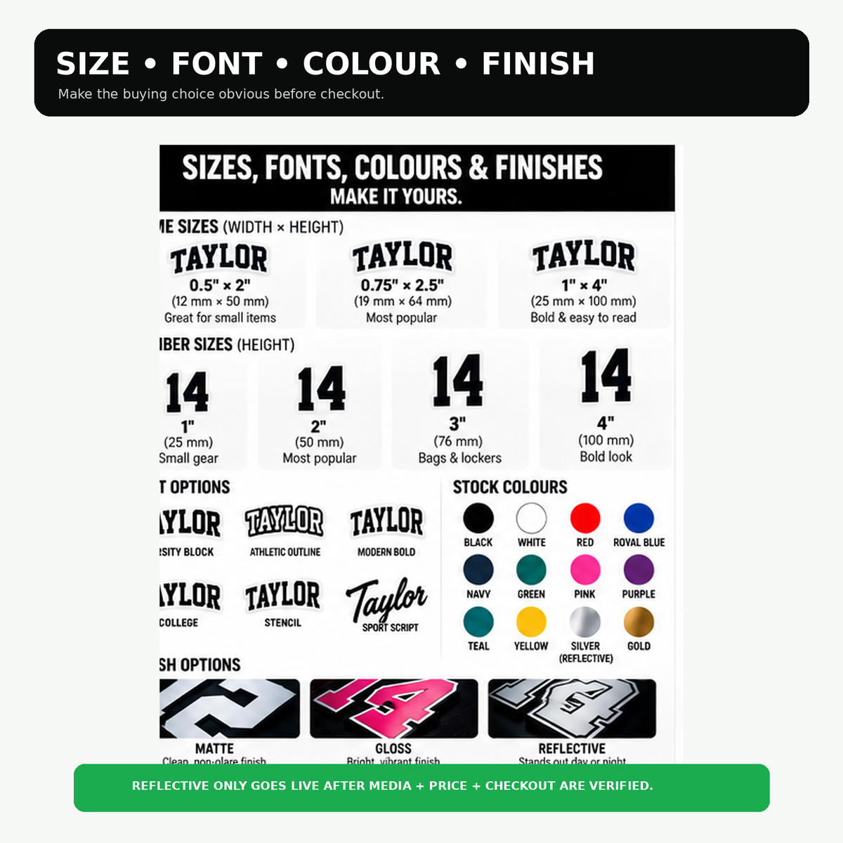 Field hockey name and number sticker size sets, athletic fonts, team colours and matte, gloss or reflective finishes.