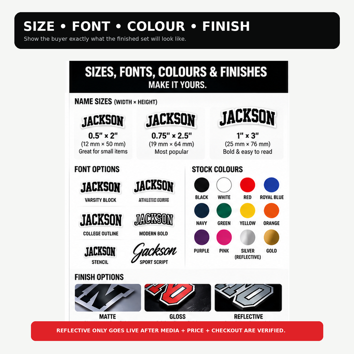 Football name and number sticker size sets, athletic fonts, team colours and matte, gloss or reflective finishes.