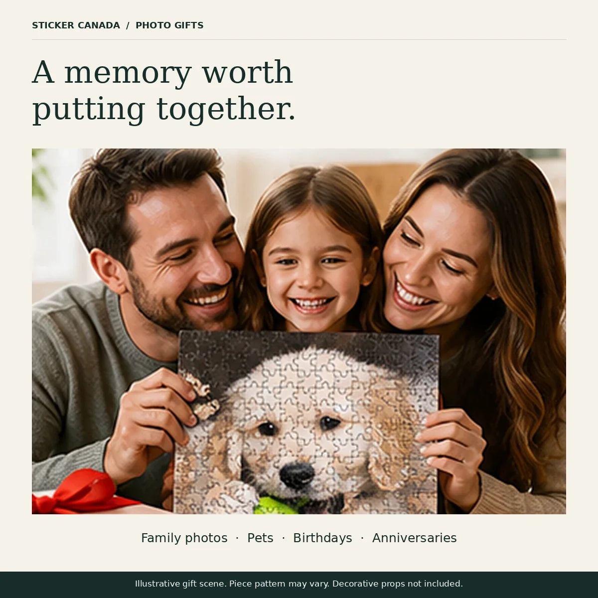 Illustrative family sharing a personalized puppy photo puzzle as a gift.