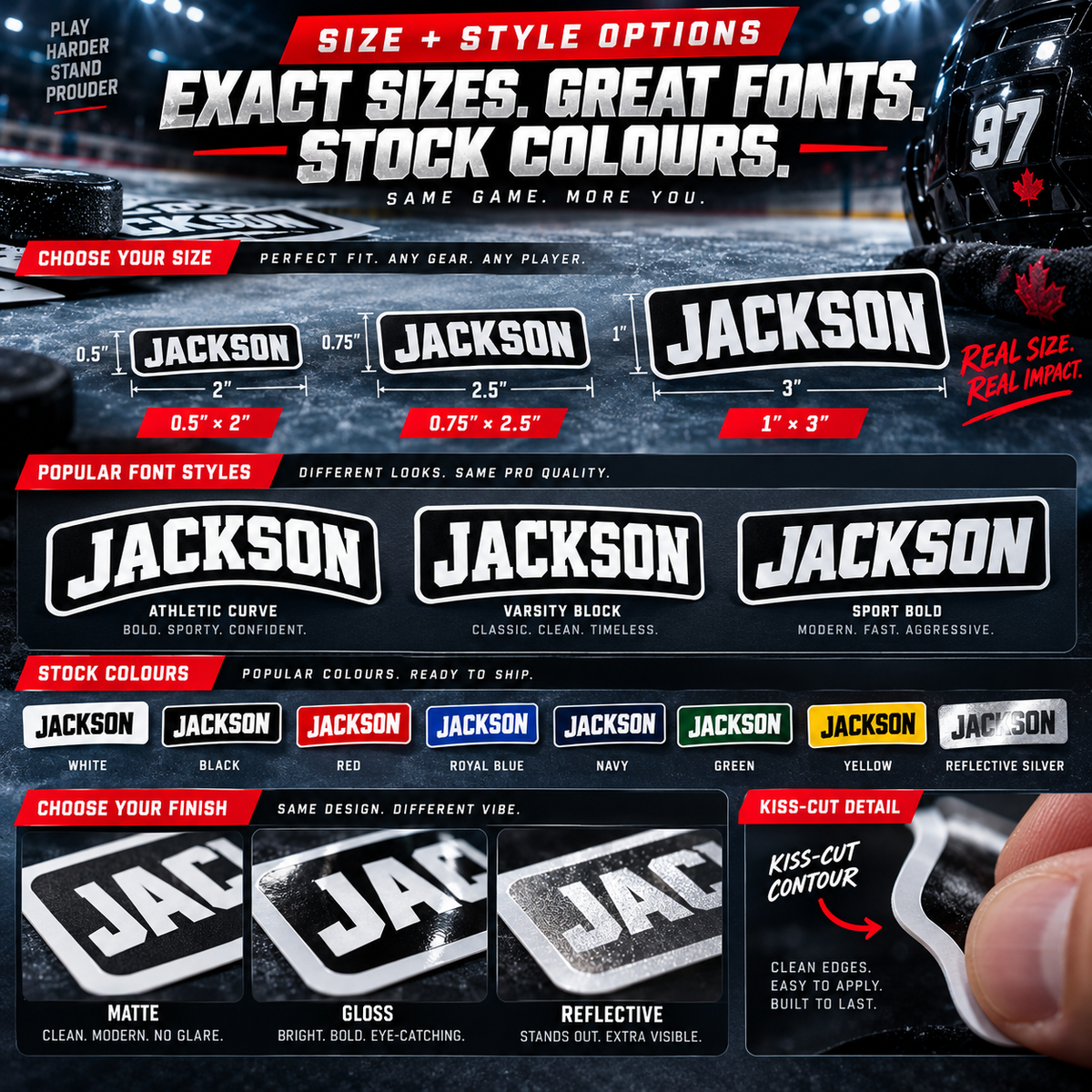 Hockey player name sticker size, sport font, stock colour, matte, gloss, reflective and kiss-cut examples.