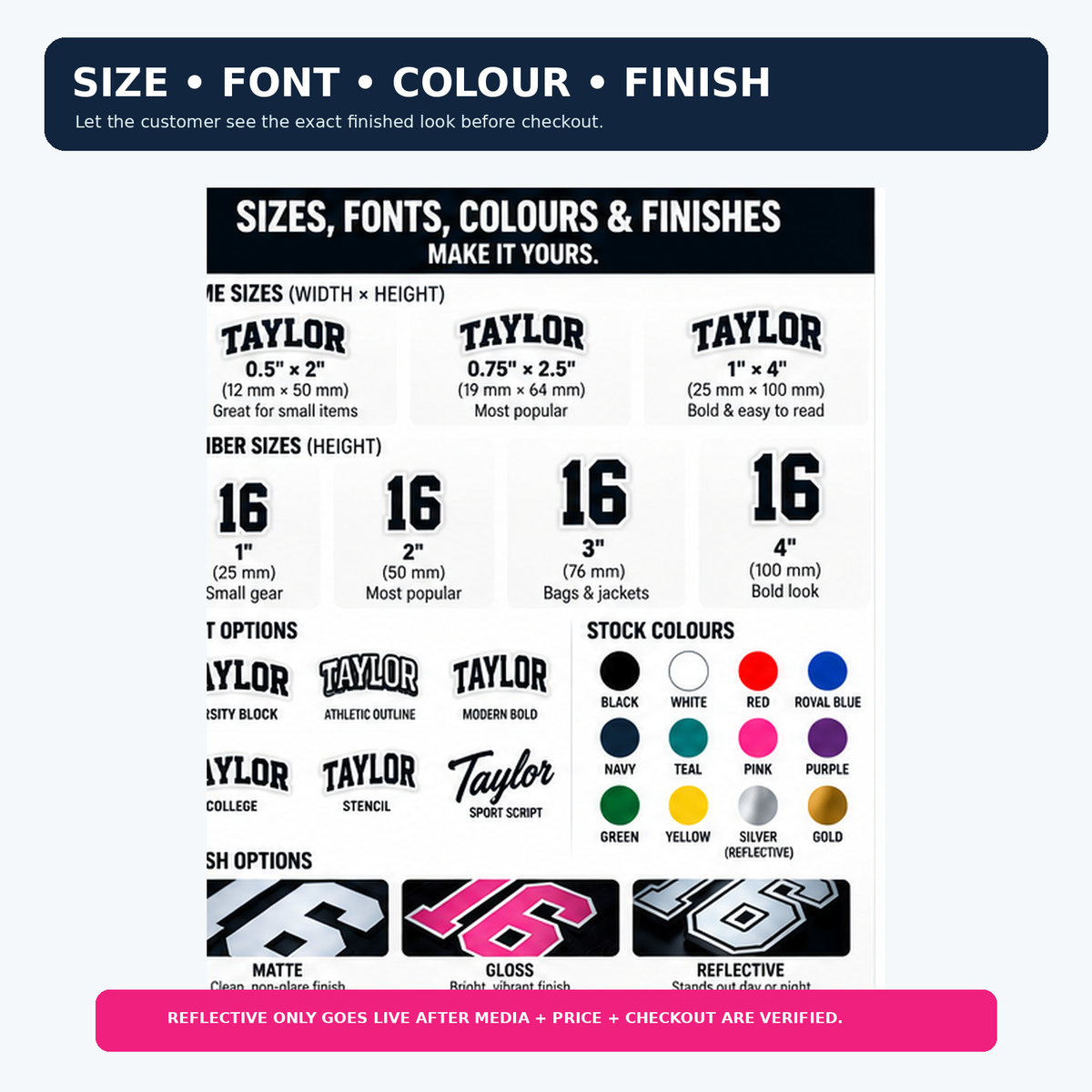 Ringette name and number sticker size sets, athletic fonts, team colours and matte, gloss or reflective finishes.