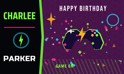 The gamer birthday banner shown at the largest offered size, 3 ft by 5 ft, with the name CHARLEE PARKER.