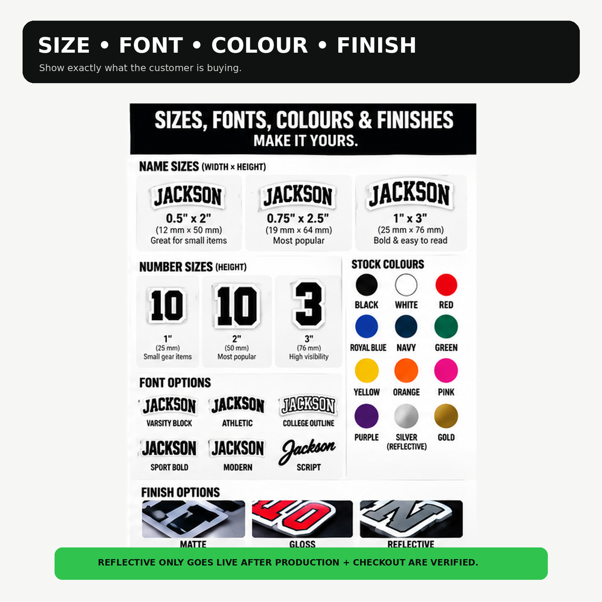 Soccer sticker sizes, athletic fonts, stock colours and matte, gloss or reflective finish selection.