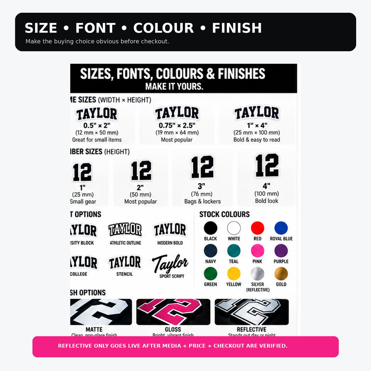 Volleyball name and number sticker size sets, athletic fonts, team colours and matte, gloss or reflective finishes.