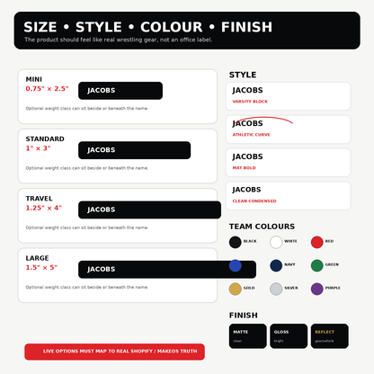 Wrestling name sticker exact sizes, athletic styles, team colours and matte, gloss or reflective finishes.