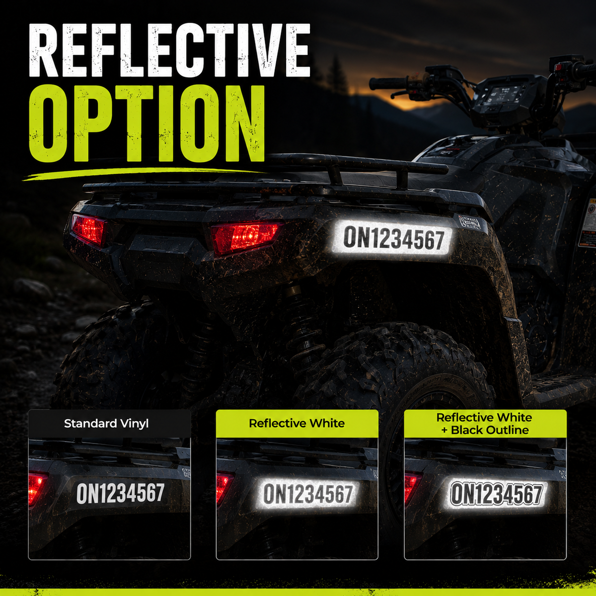 Reflective ATV number decal options including reflective white and black outline treatments