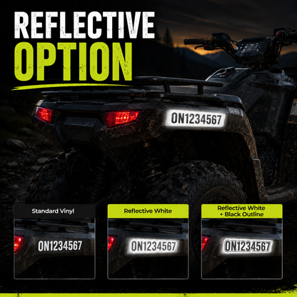 Reflective ATV number decal options including reflective white and black outline treatments