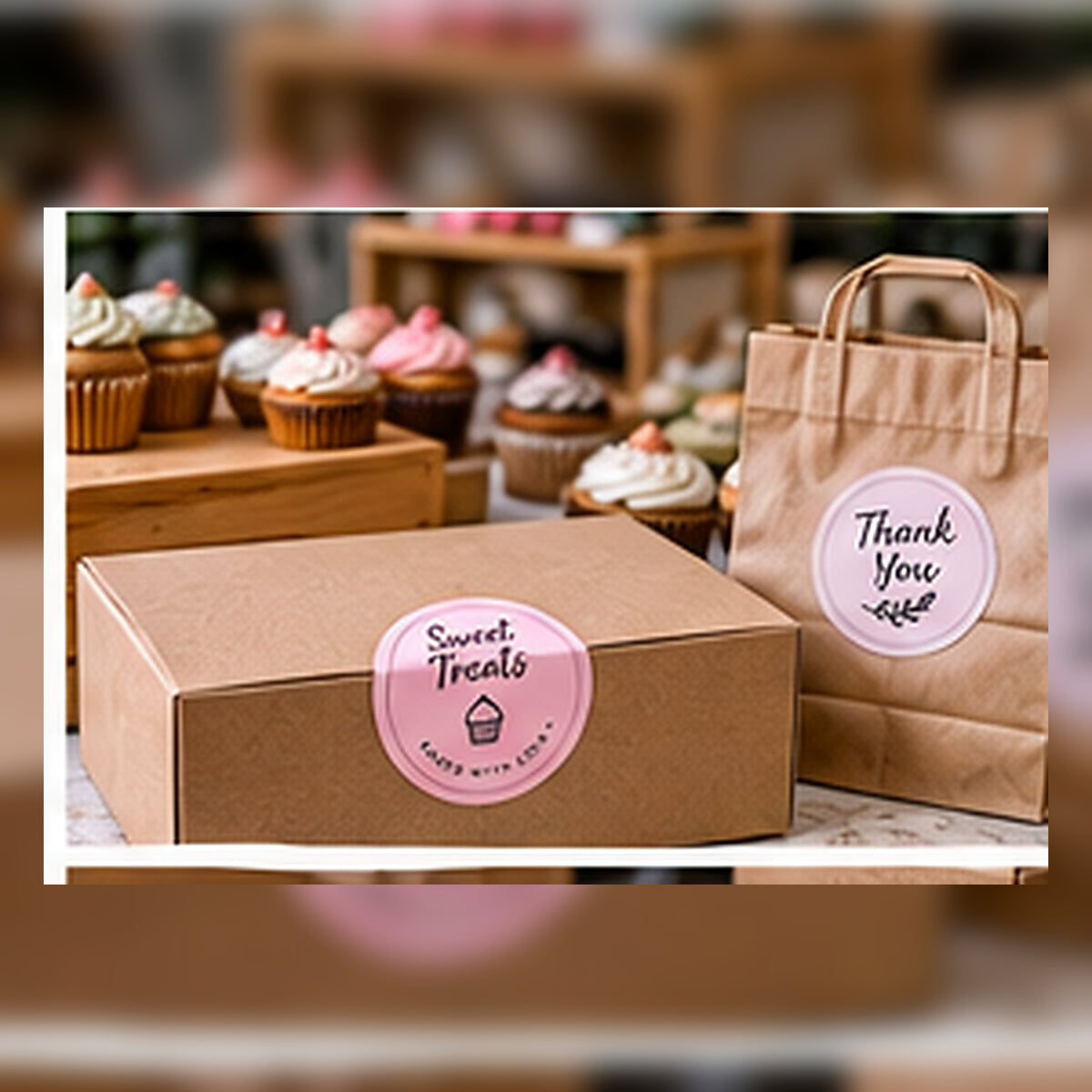 Bakery box with a custom round seal applied to the closure.