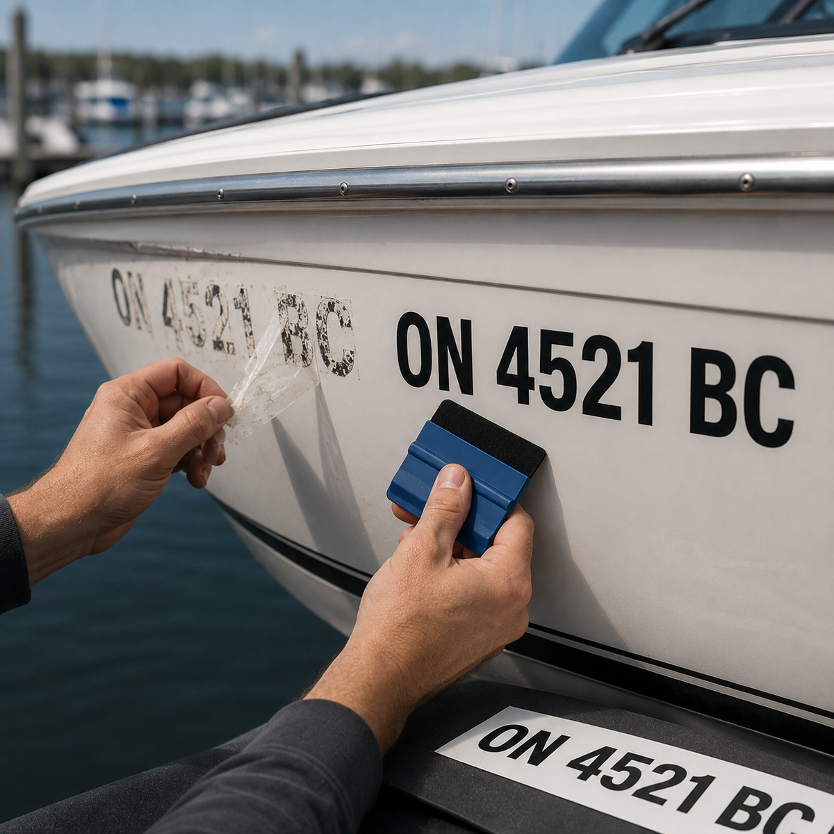 Illustrated before-and-after boat number replacement and black vinyl application at a marina