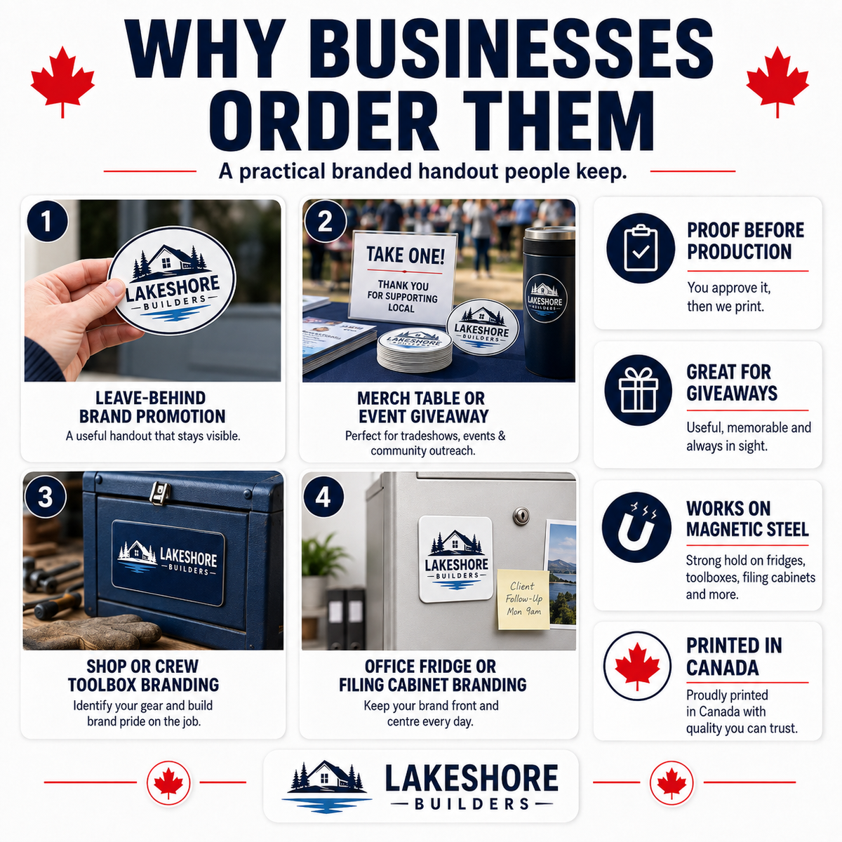 Business logo magnets used as leave-behinds, event giveaways, toolbox branding and office reminders