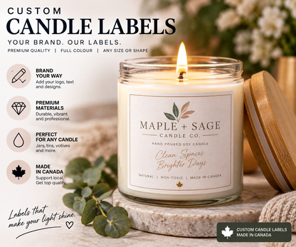 Lifestyle presentation of a custom branded candle label.
