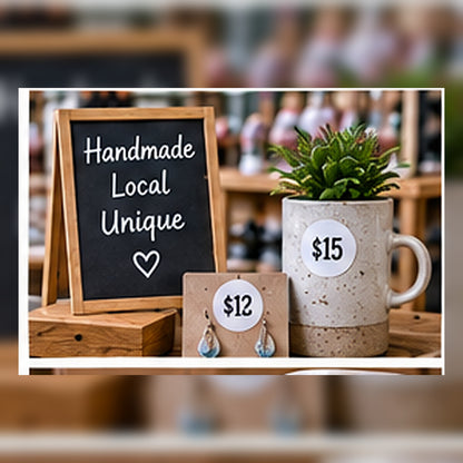 Craft-market display using clear round price labels.
