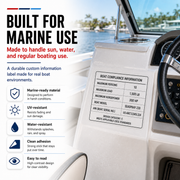 Marine-grade durability graphic for the custom boat compliance information label showing water-resistant, UV-resistant, easy-to-read, and durable use on a boat console.