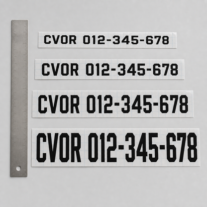 Four CVOR number-only cut-vinyl samples showing the available character-height range