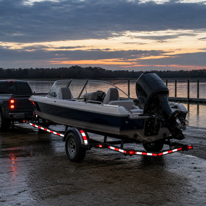 Illustrative red and white reflective tape application on a boat trailer at dusk