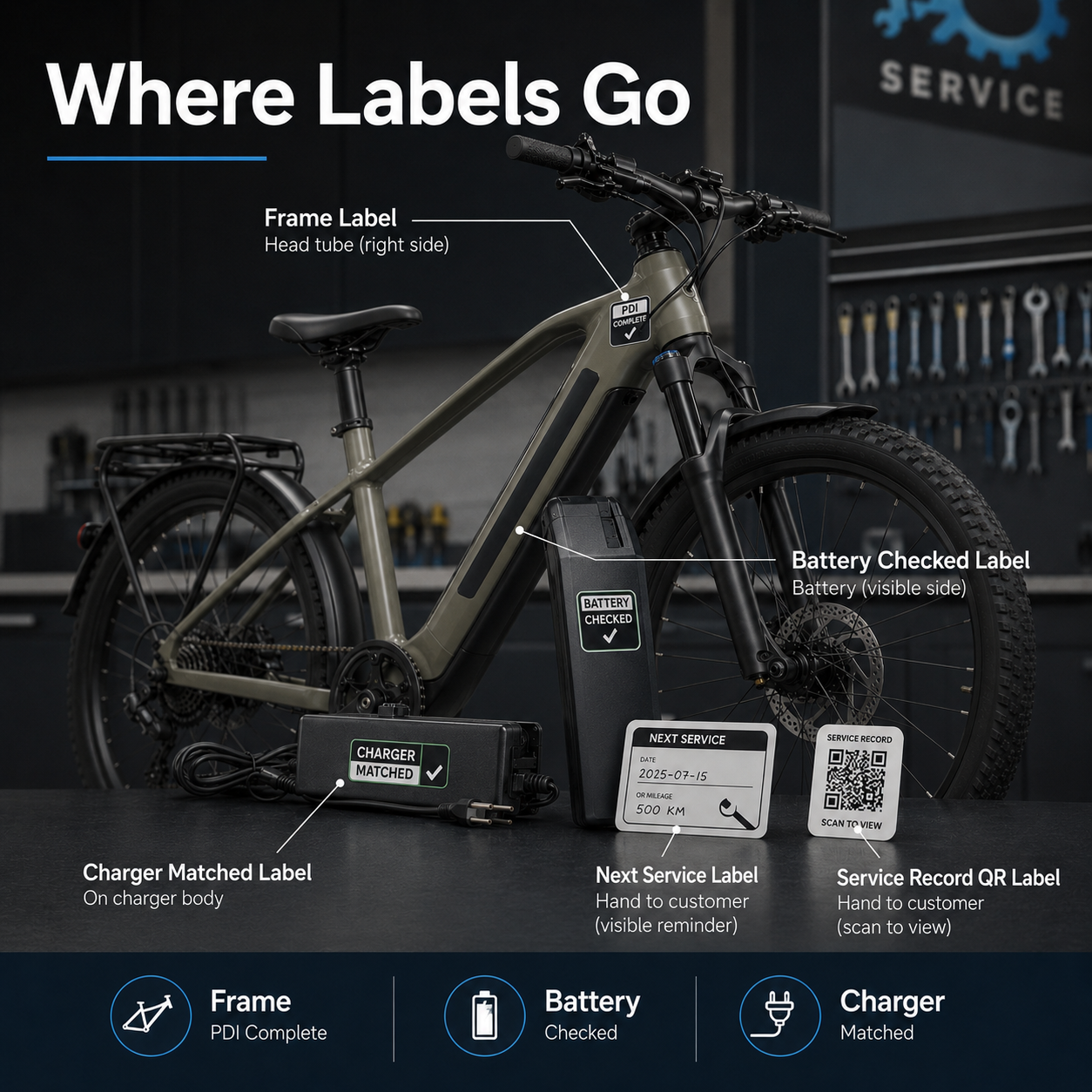 Placement guide for e-bike frame battery charger and service labels