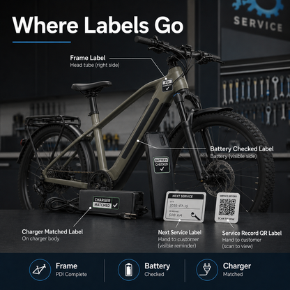 Placement guide for e-bike frame battery charger and service labels