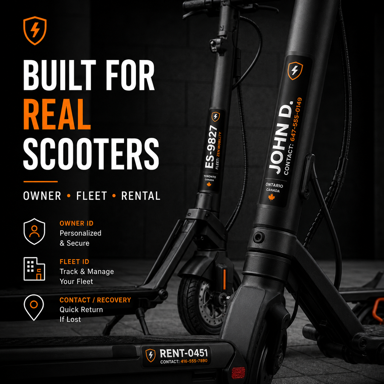Electric scooter labels for owner fleet rental asset and recovery identification