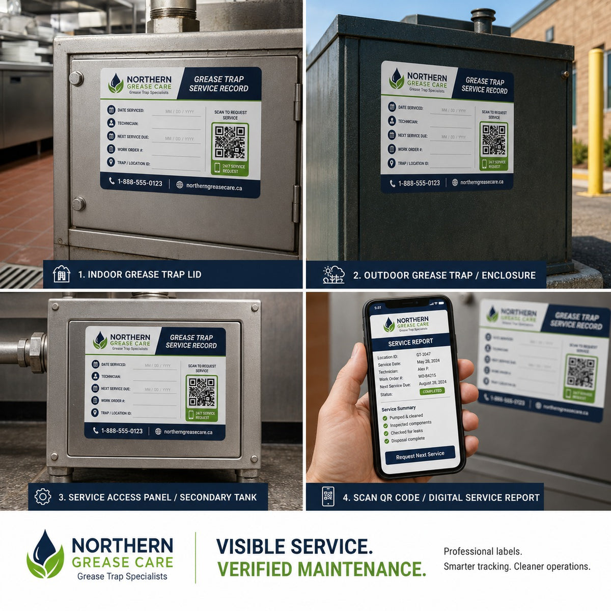 Sample grease trap service labels shown on an indoor trap, outdoor enclosure, service panel and QR-linked report workflow