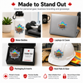 A four-panel collage shows a holographic maple-leaf sticker on a water bottle, a laptop, a mailer box with a thank-you card, and a hard hat with gloves and hi-vis vest.