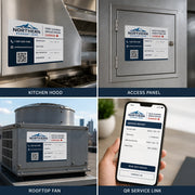Comparison image showing hood cleaning service labels for hood canopy, access panel, rooftop fan and report QR workflow