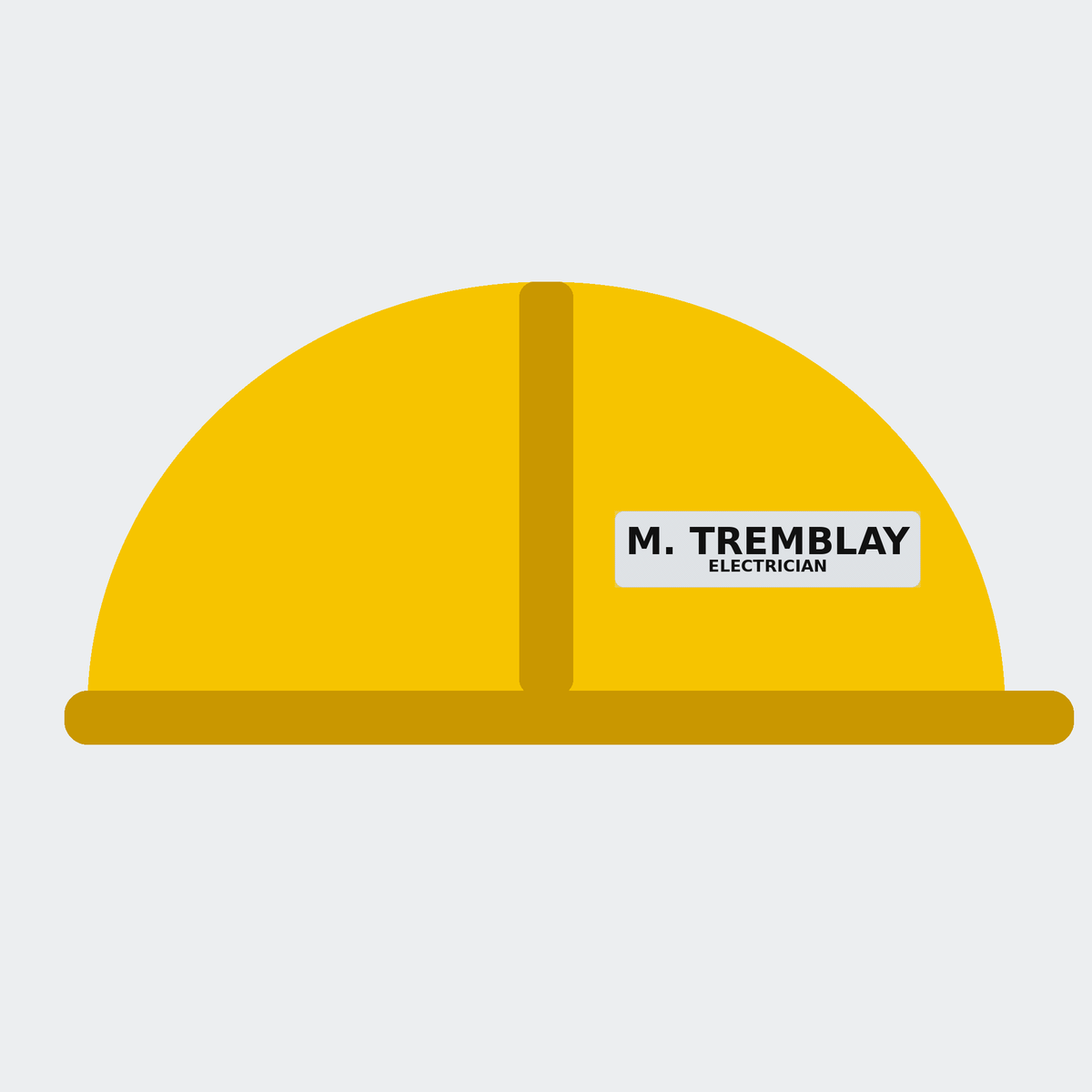 Flat illustration of a yellow hard hat with a reflective name sticker on the side of the shell.