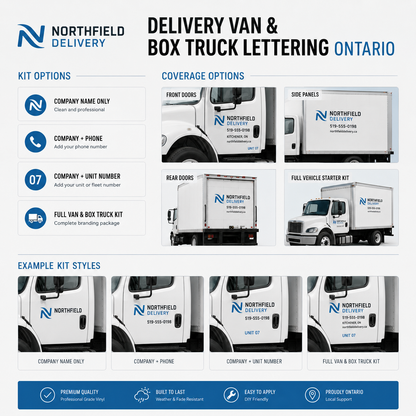Delivery van and box truck lettering guide showing kit options and coverage options