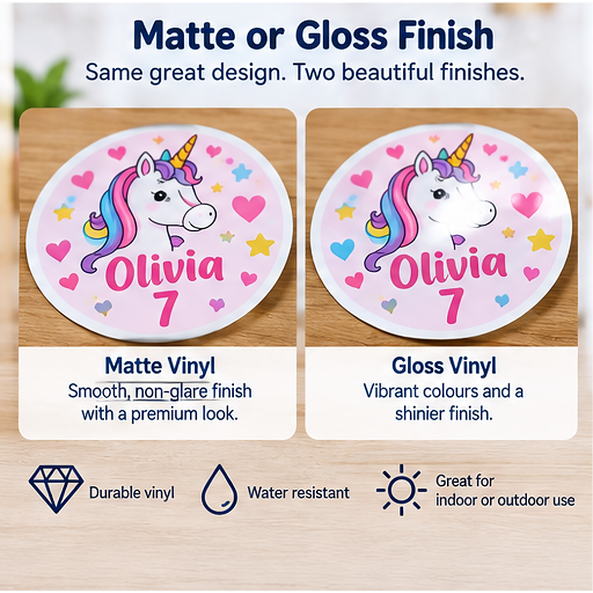Close-up comparison of matte and gloss personalized round party sticker finishes