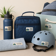 Name labels on everyday gear including bottle helmet bin and towel