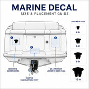 Boat stern placement guide showing 4, 6, 8 and 12 inch No Shoes marine decal sizes