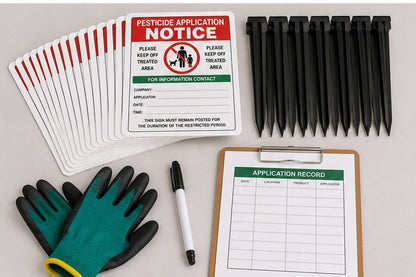 Custom pesticide notice crew pack with multiple sign panels, stakes, marker and application record clipboard