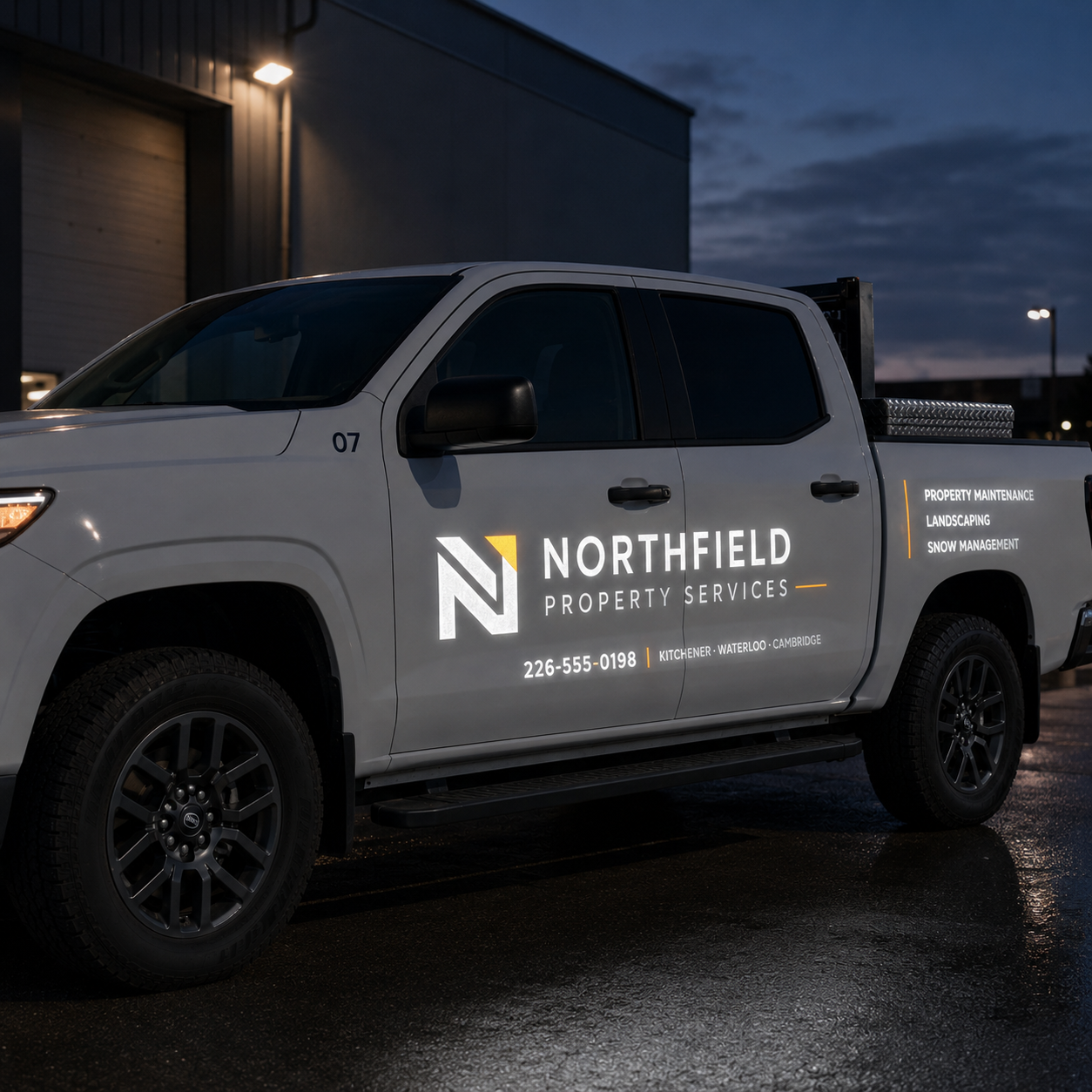 Pickup truck with reflective business lettering shown at dusk