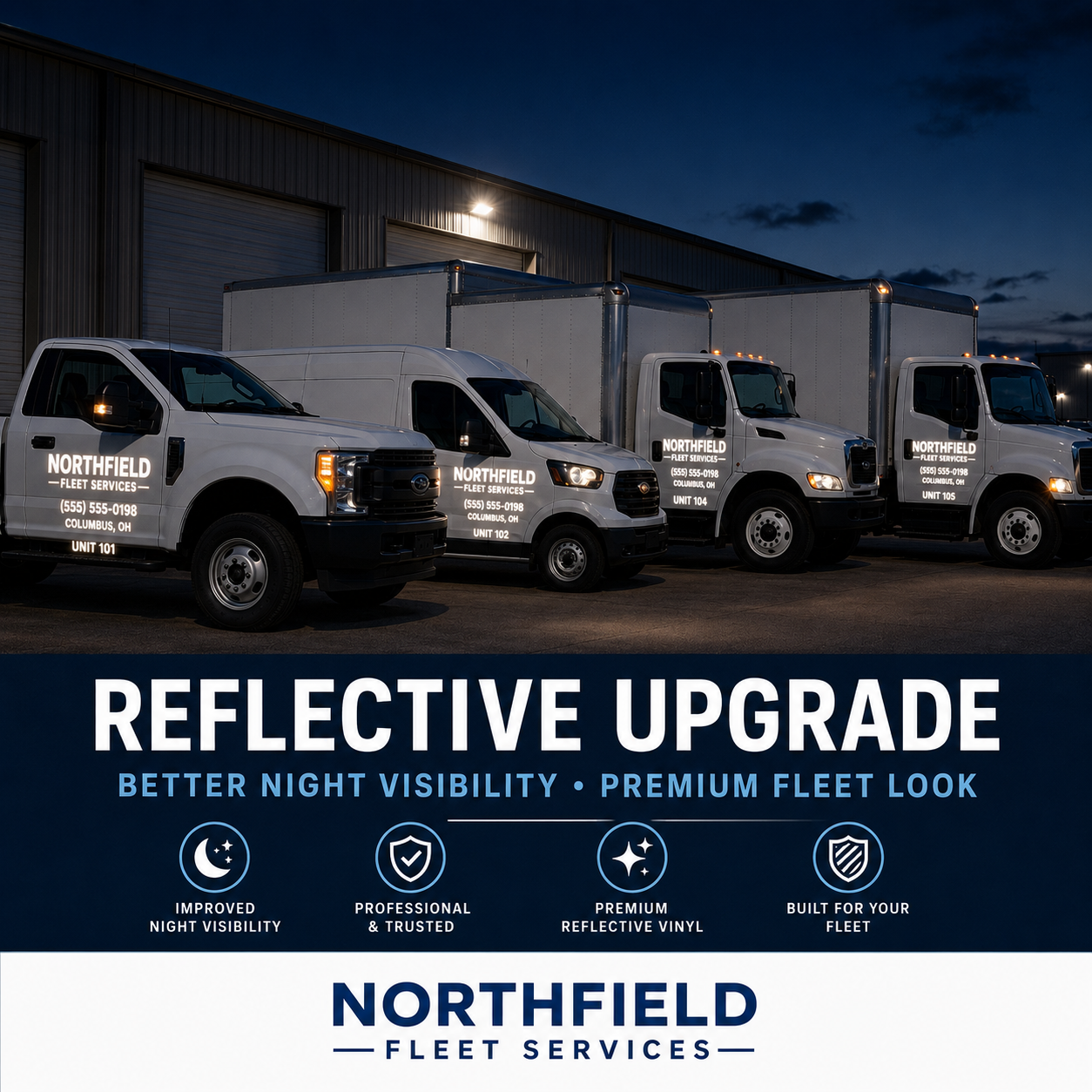 Fleet service vehicles at dusk showing reflective truck lettering