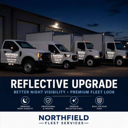 Fleet service vehicles at dusk showing reflective truck lettering