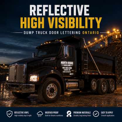 Reflective dump truck door lettering shown at dusk for high visibility