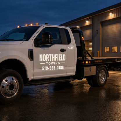 Tow truck door lettering photographed at night, showing the reflective upgrade material glowing under low light.