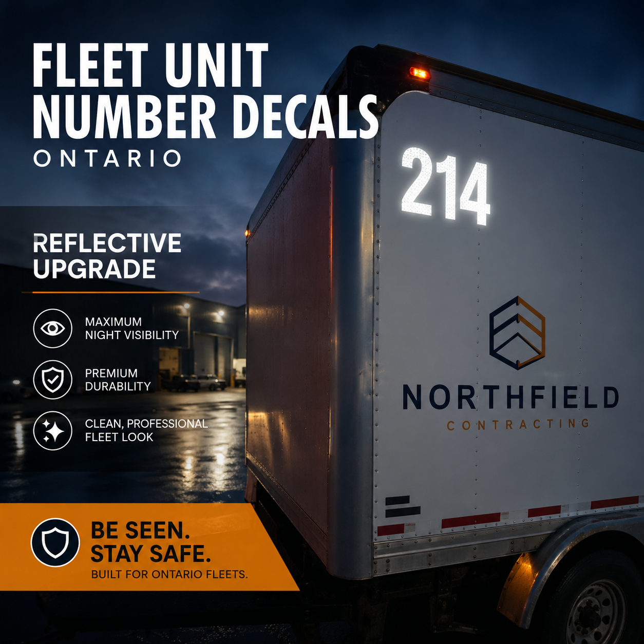 Reflective fleet unit number decal shown at dusk on a trailer